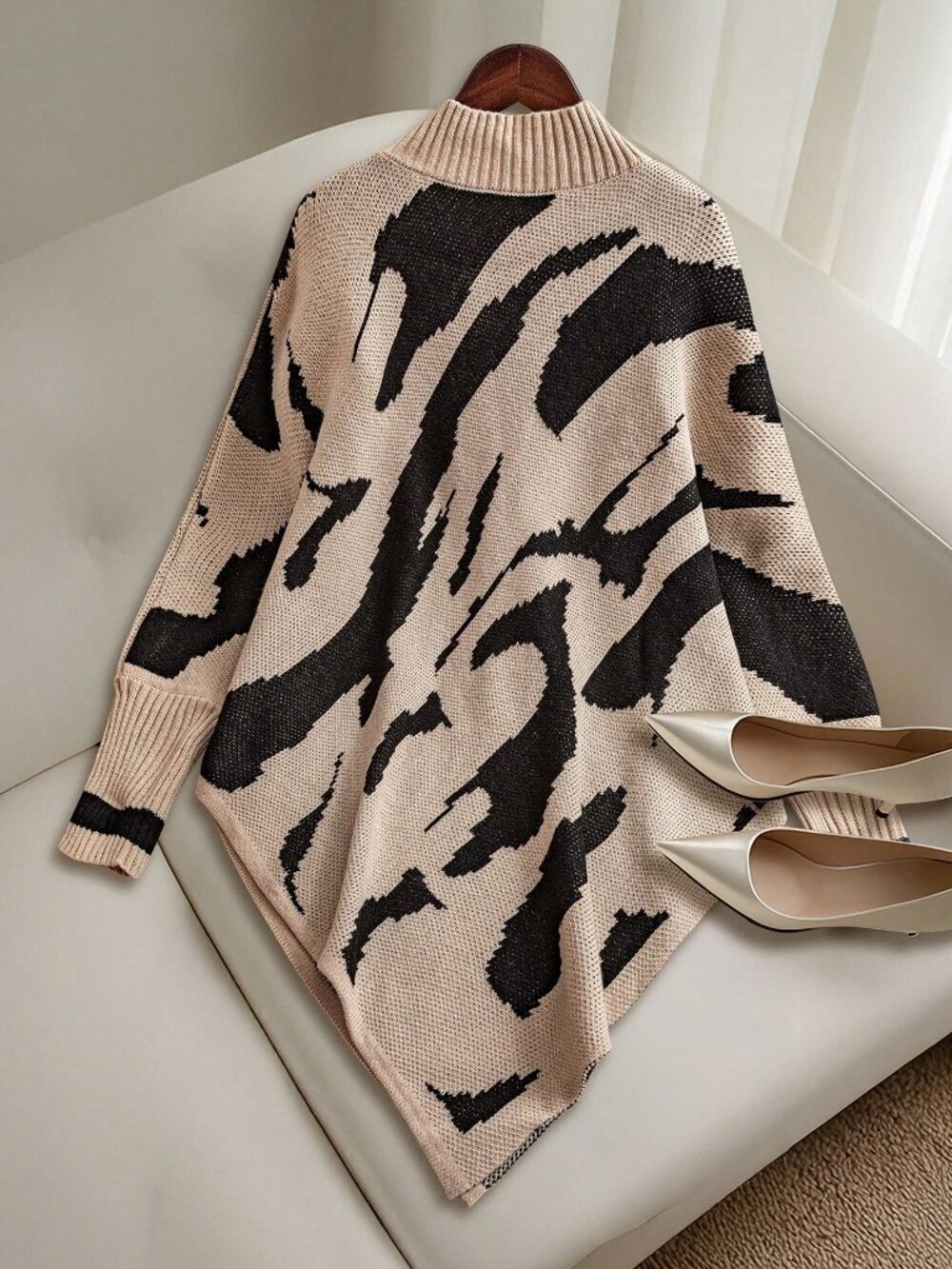 Khaki Casual Women's Bat Wing Collar Asymmetric Hem Knit Top - Picture 2 of 8